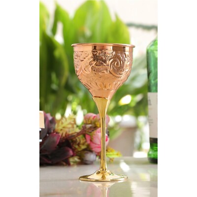 Pack of 1 Handcrafted Copper Wine Glass With Brass Stand Embossed Design