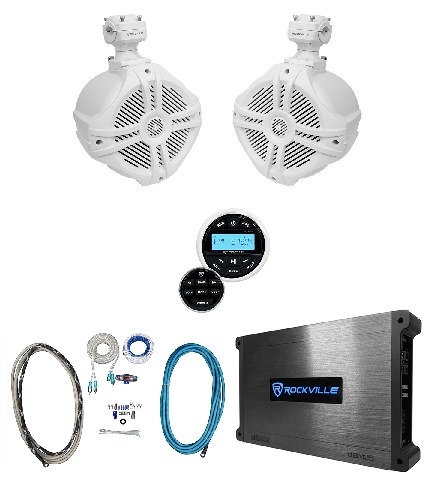 Bluetooth-приемник Rockville 65-дюймовые белые колонки Marine Wakeboard Tower Усилитель Комплект 57490₽
