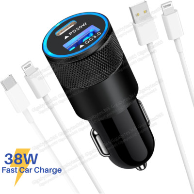 Fast Car Charger For iPhone Charging Cord 38W Dual Ports PD USB C QC Power Cube