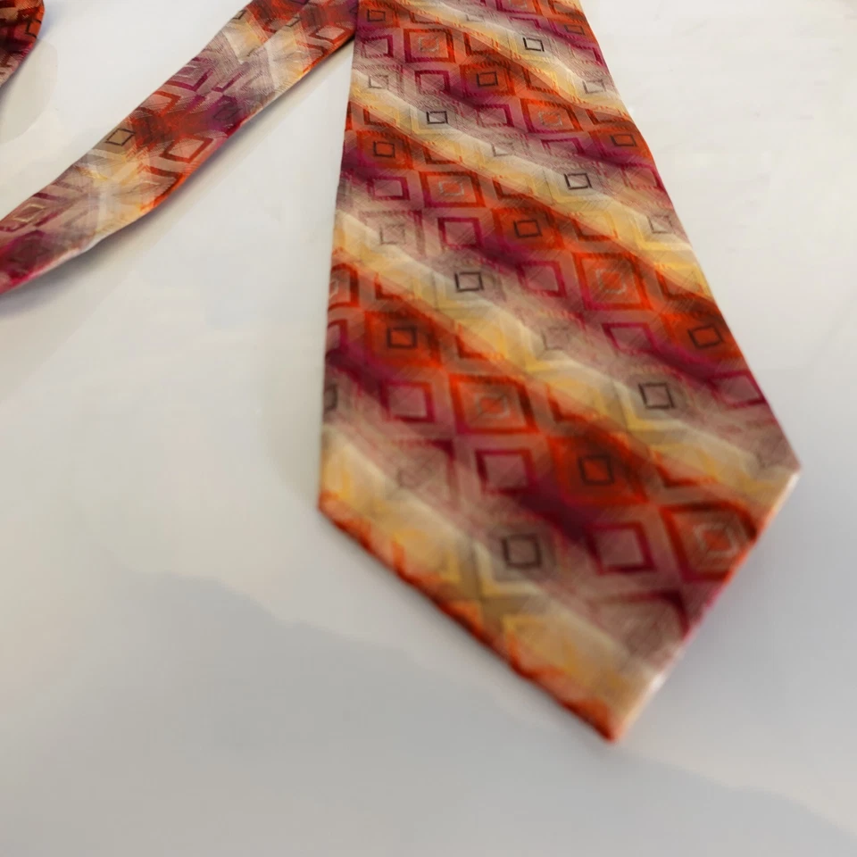 KENNETH COLE Tie Mens Designer  Ombre Yellow Orange Geometric Square Silk Dress - Image 4 of 4