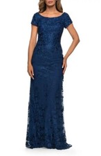 La Femme Navy Blue Shimmer Floral Embroidered A-Line Gown Size 8 575