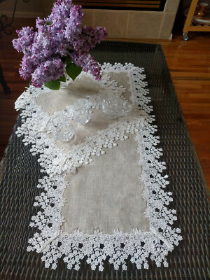 Set 35'' Dresser Scarf Runner PLUS Two 17'' x 12'' Doilies Neutral Burlap Daisy