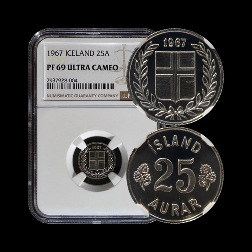 ICELAND. 1967, 25 Aurar - NGC PF69 - Top Pop 🥇 Floral Wreath and Shield RARE