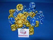 NEW 24 YELLOW AND BLUE ACRYLIC DICE 16MM 2 COLORS 12 OF EACH COLOR 