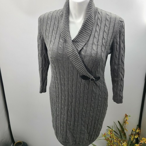 Calvin Klein Gray Fold- Over Long Sleeve Winter Sweater Dress Size L Side Buckle