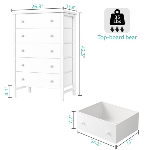 White Chest of Drawers for Bedroom Dresser with 5 Drawer Fabric Dressers Stor... - Picture 5 of 9