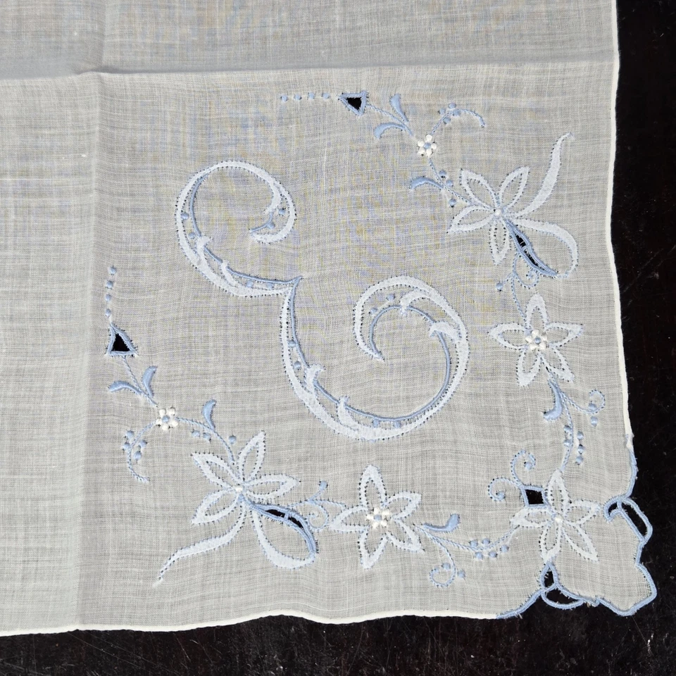 De Colección Excepcional Madeira Bordado Algodón Lino Pañuelo Monograma E Foto 4 de 4