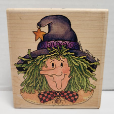 Estampilla de goma Stampassions 1998 montaje en madera H-4207 bruja Halloween Diana Marcum