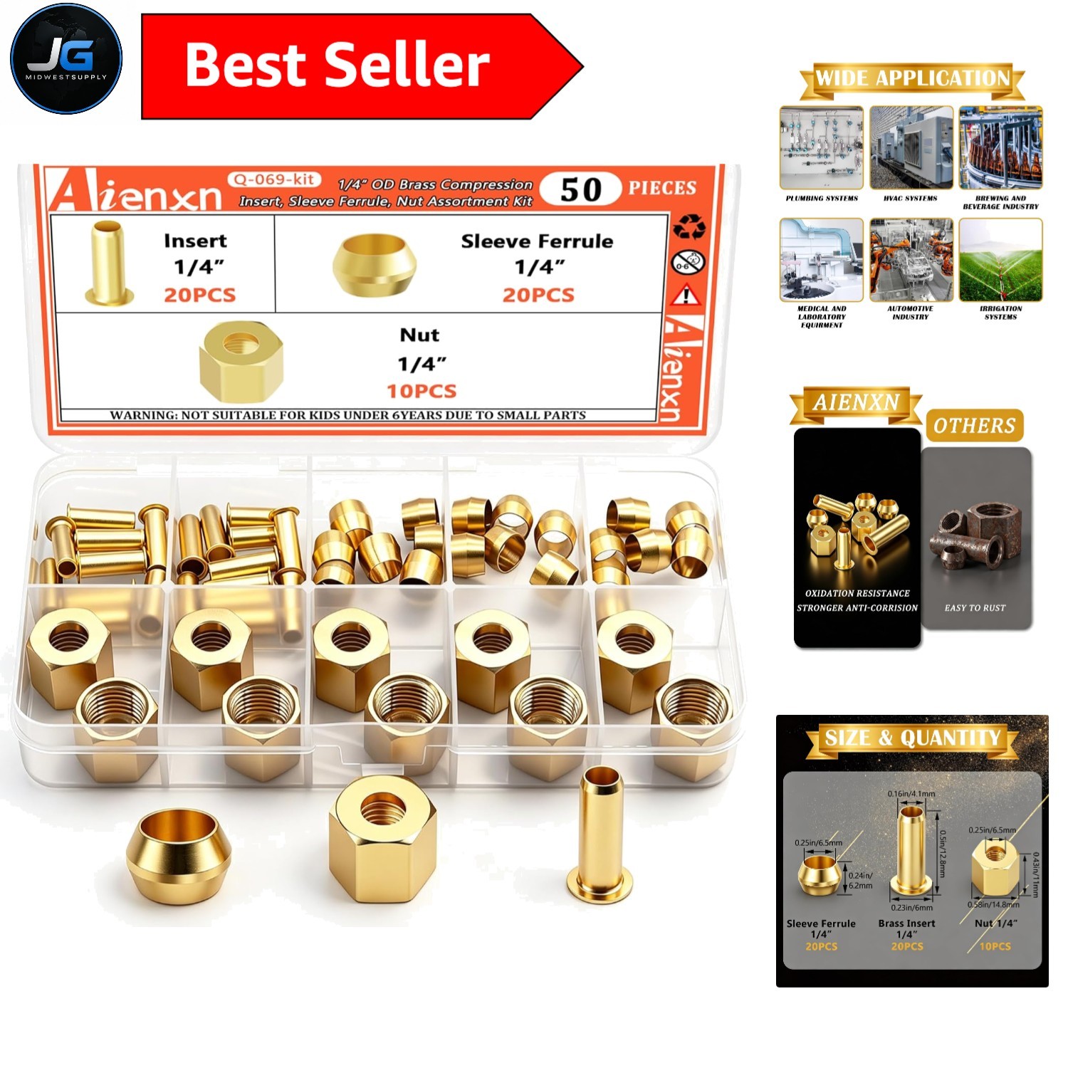 1/4-Inch Brass Compression Fittings - 50PC Assortment for Reliable Connections