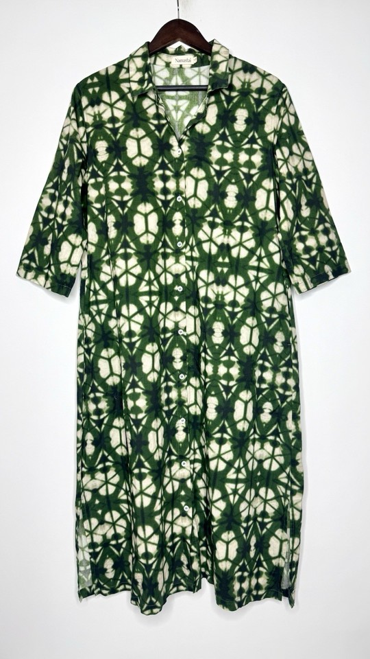 Namastai Size S/M Women's Shirt Dress Green Tie Dye 100% Cotton Boho Midi