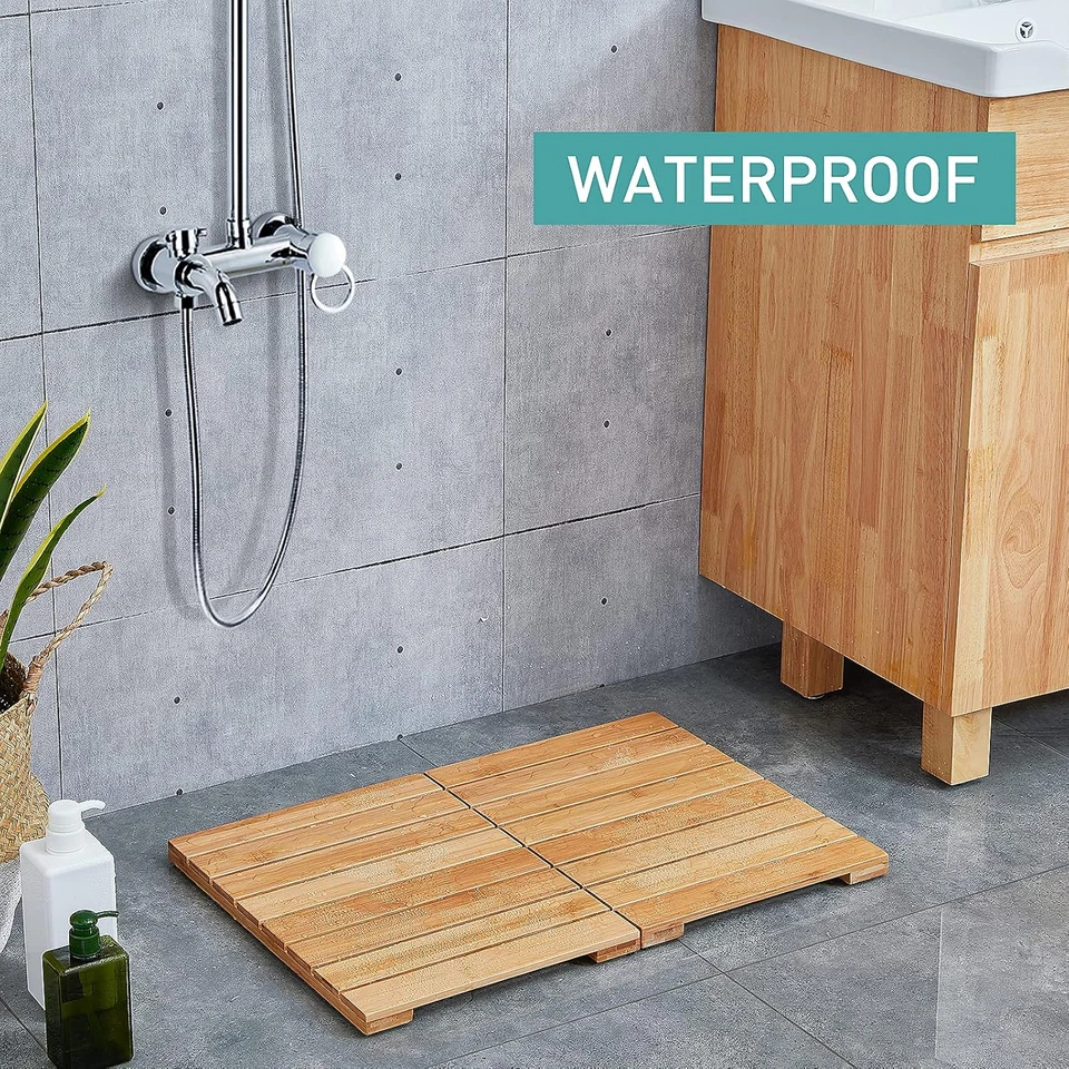 Alfombra de baño de bambú impermeable para ducha, alfombra de piso de madera baño 23,5 pulgadas x 15,6 pulgadas Foto 3 de 4