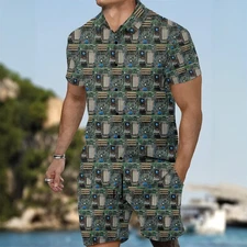 Vtg 80s Tech Theme Print Men's Casual Sportswear Set Computer Board Outfit