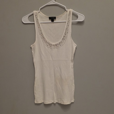 #ad Express Women#x27;s Tank Top Size L White Sequin Beaded Necklace Detail 100% Pima. $18.09