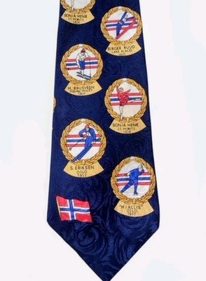 Vintage 1994 Olympic Lillehammer Navy Blue Tie Norwegian Athlete Novelty Tie  