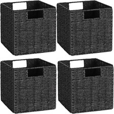 Hand-Woven Wicker Storage Baskets Set of 4 - Foldable Cube Bins with Handles