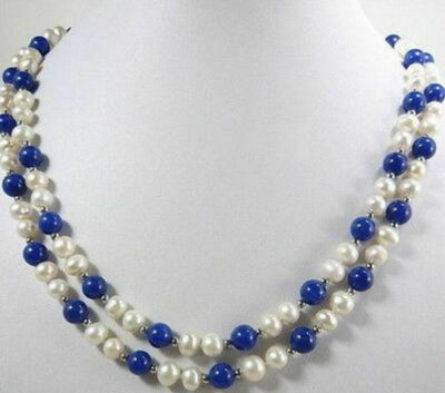 36'' 50'' 80'' 8mm Round Blue Lapis Lazuli Gemstone Beads & White Pearl Necklace