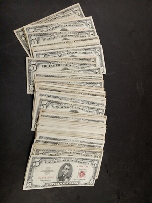 U.S. $5 Five Dollar Red Seal Circulated Condition One Note