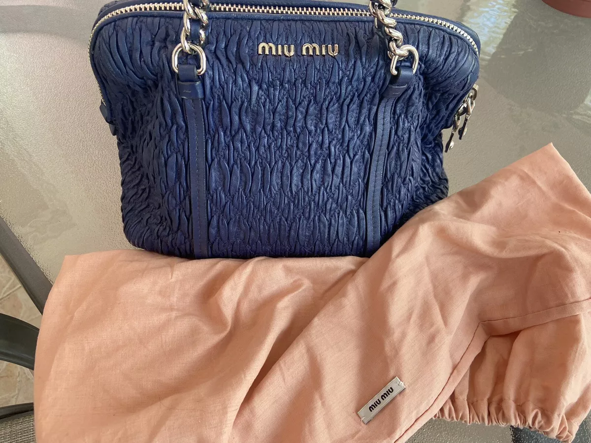 Miu Miu Blue Matelassé Ruched Gauffre Leather Top Zip Tote/Shoulder Bag/Purse