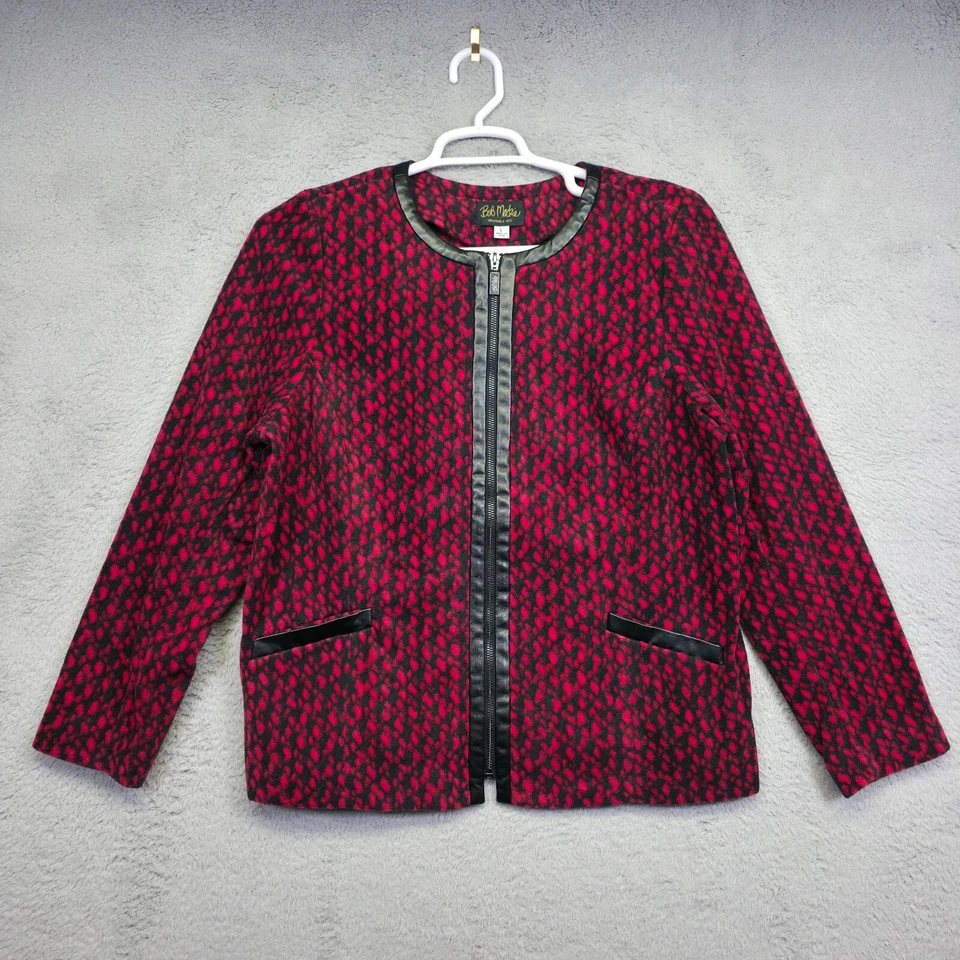 Chaqueta Bob Mackie Mujer L Roja Negra Estampado Animal Imitación Cuero Borde Retro Preppy Foto 2 de 4