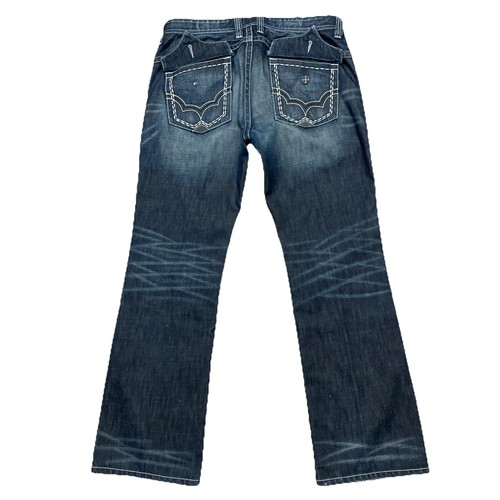 Men’s Y2K 2000s Affliction Cooper 38x34 Dark Premium Wash Blue 100%Cotton Jeans - 第 1/7 張圖片