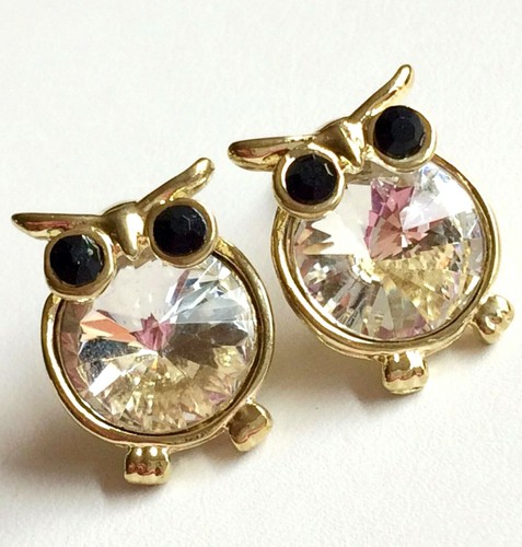 Pendientes de búho de cristal perforado poste brillante lindo pájaro enchapado en oro plata EE. UU. - Imagen 3 de 26