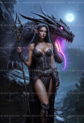 DRAGON SORCERESS ART PRINT, Magical Witchy Wall Decor, Gothic Poster, E758