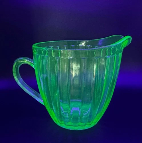 Jeannette Sunflower Pitcher Green Depression Uranium Glass Glows