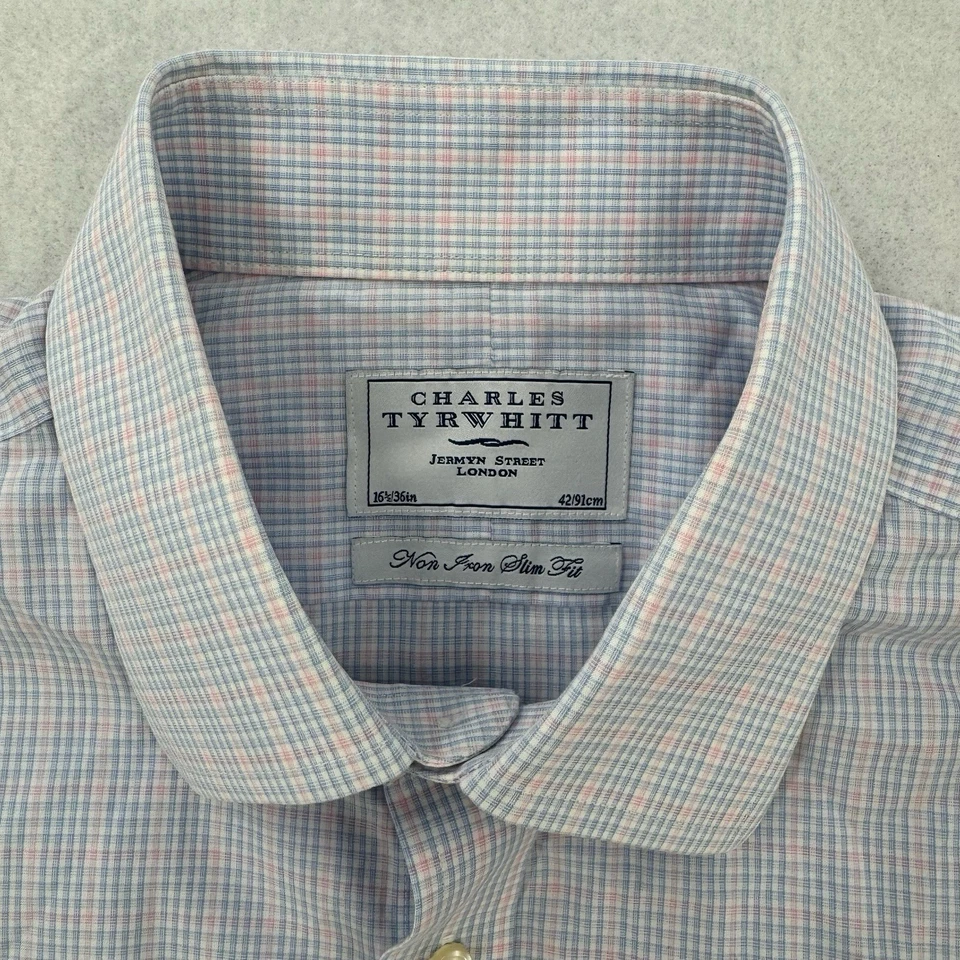 Camisa de vestir Charles Tyrwhitt para hombre 16,5 36 calce ajustado a cuadros abotonados azul rosa Foto 3 de 4