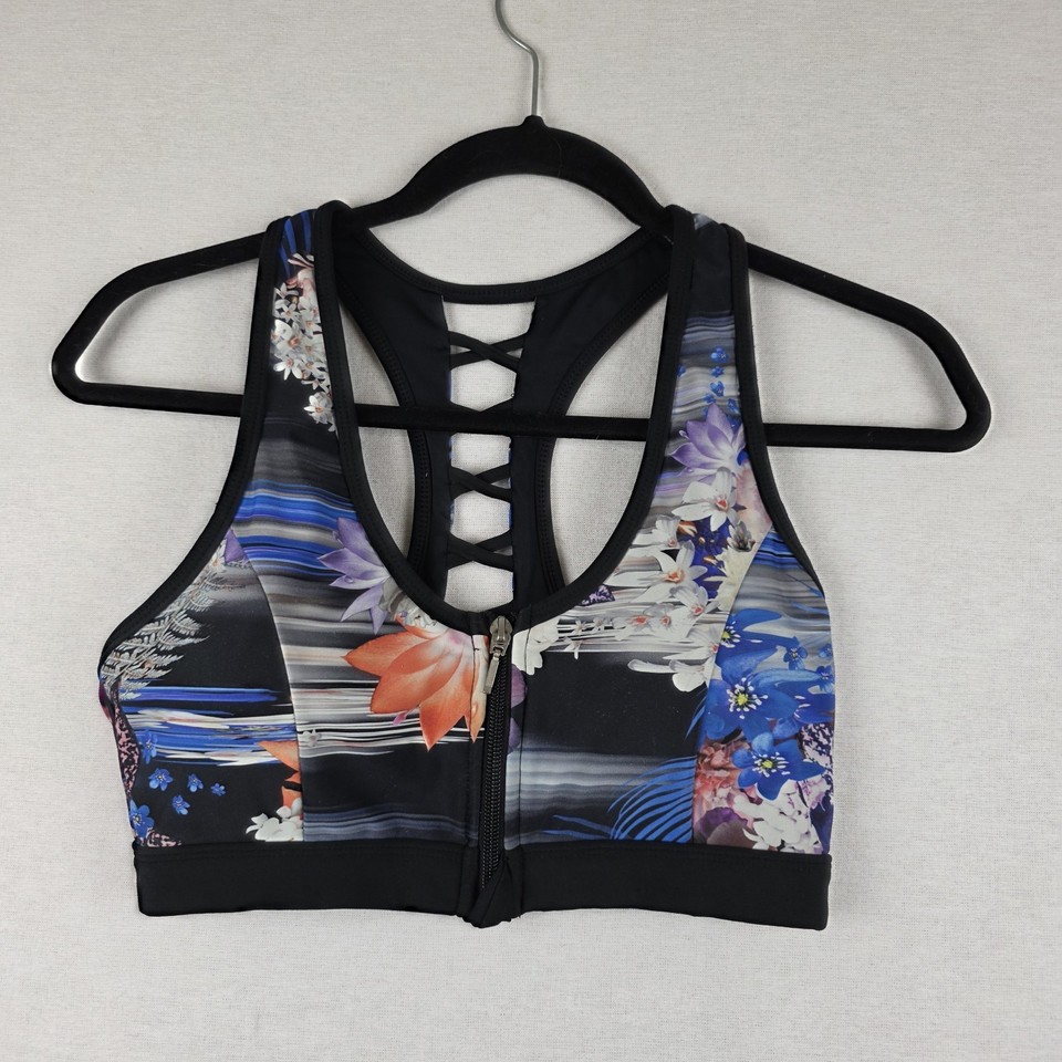 RockWear Size 12 Sports Bra Floral Strappy Back Zip Back (15" Bust)