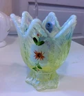 FENTON VASELINE TOPAZ VOTIVE / CANDLE HOLDER HANDPAINTED URANIUM EXCELLENT
