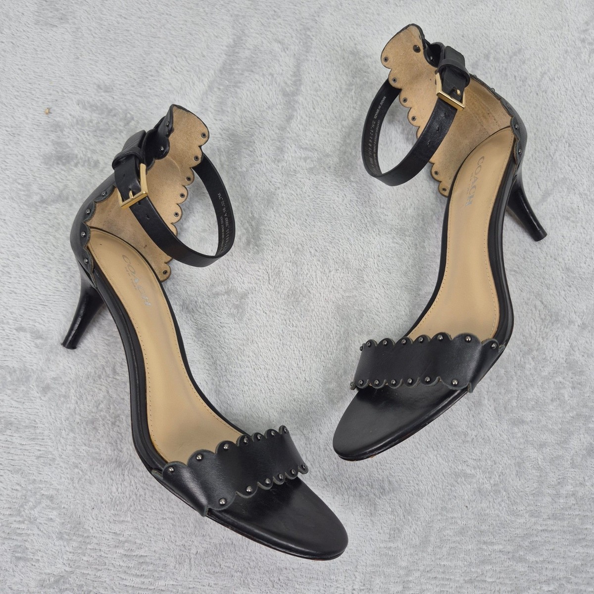 Coach Monica Black Leather Scalloped Studded Ankle Strap Kitten