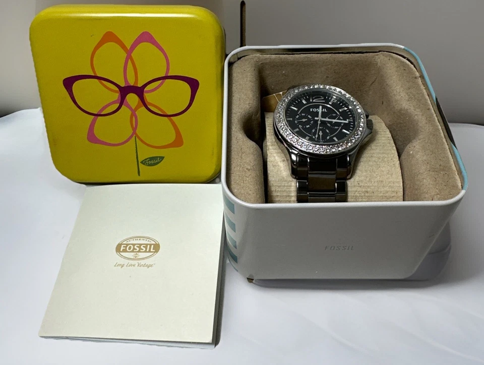 RELOJ FOSSIL RILEY CROMO CERÁMICA Y BISEL CRISTAL CE1067 NUEVO con/Estaño Foto 2 de 4