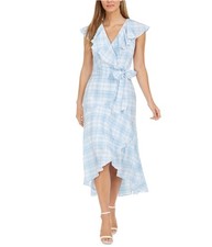 Calvin Klein Womens Plaid High-Low Dress, blue, 8