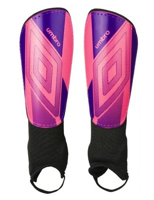Umbro Junior 4ft - 7in to 5ft - 3in Tall Stirrup Shin Guards Pink & purple
