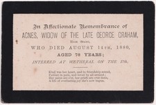 Victorian In Memoriam Card Agnes Widow George Graham High Stand Wetheral Cumbria