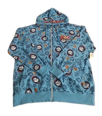 Disney Hoodie Full Zip Blue Coco Miguel Skull Embroidered Adult