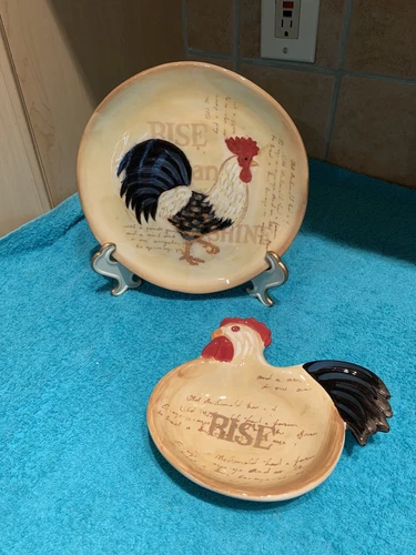 Rise And Shine 2 Piece Ceramic Round Rooster Plate W/ Stand & Hen Spoon Rest
