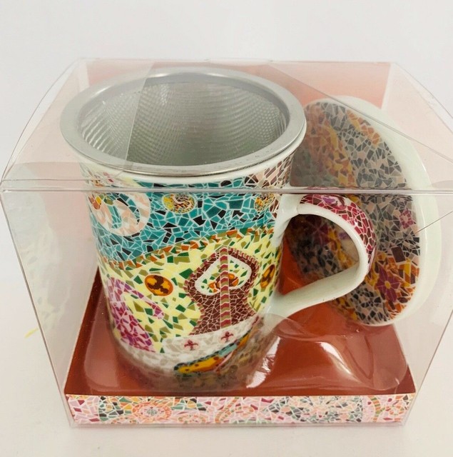 Ceramic Tea Cup, Lid & infuser mesh strainer set mosaic design Made in Spain NEW eBay