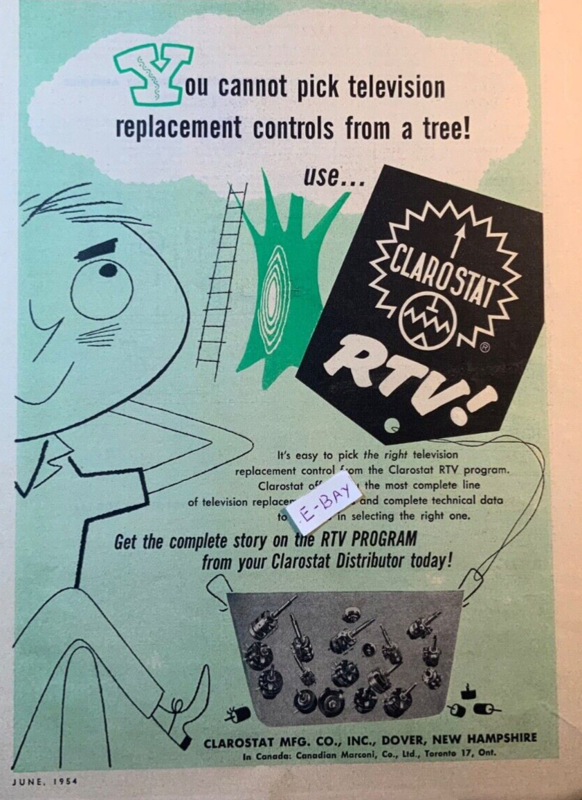 1954 Ad. Clarostat Mfg. Co. Dover, NH. Clarostat RTV Program. TV Parts