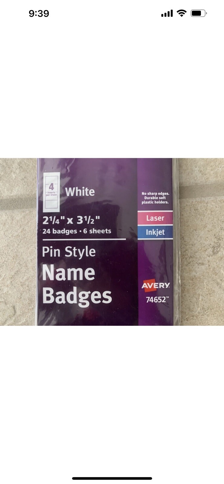 Avery Clip Style Name Badges 21/4” x 31/2” 74652 24 Badges, White