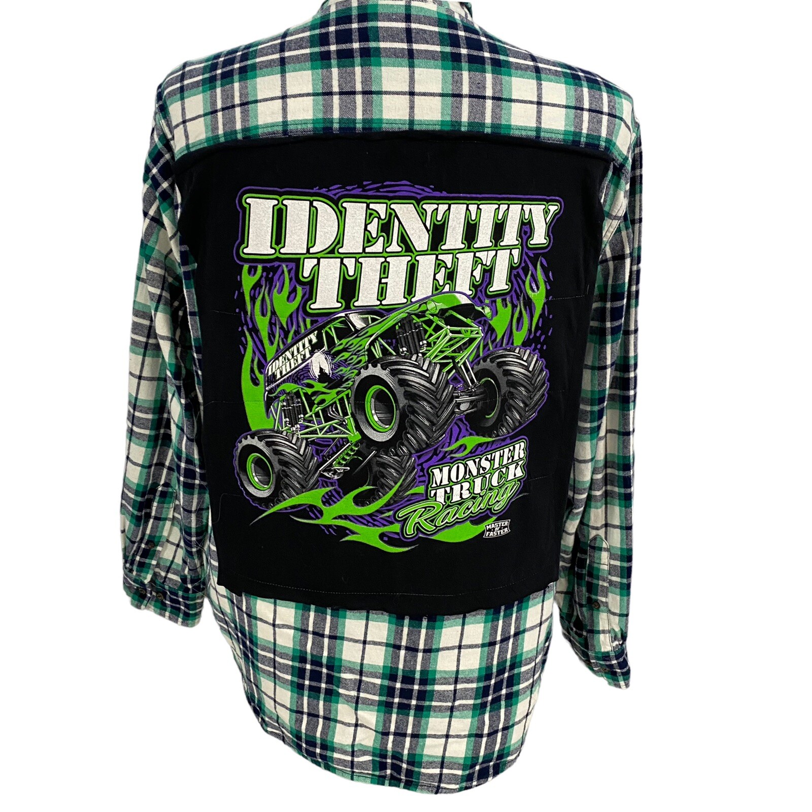 Upcycled XL Men's Flannel Shirt in Monster Truck Plaid Boho Grunge Camp Style-image