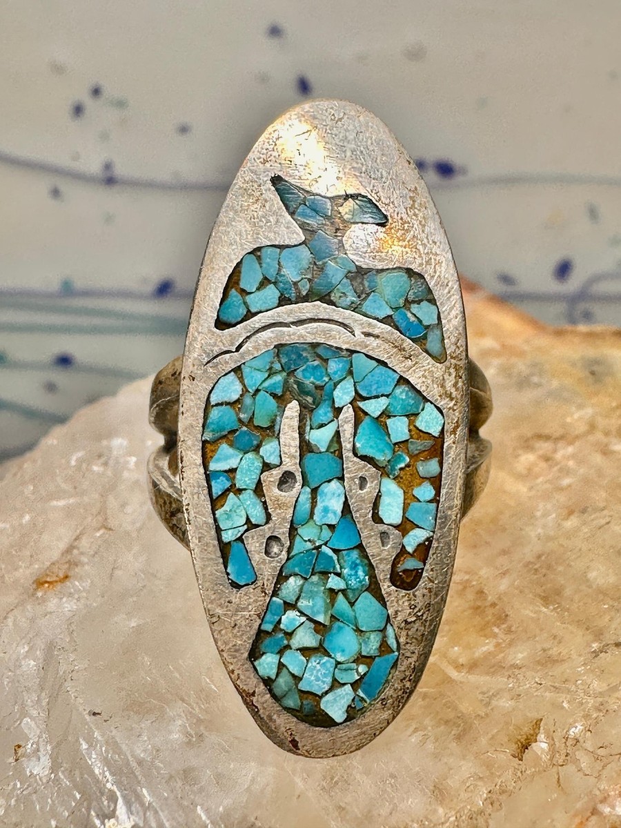 Long Phoenix ring southwest turquoise chips size sterling silver women