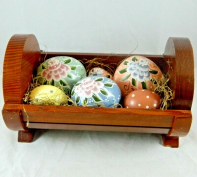 Vintage Redwood Cradle Planter Craft Hand-painted & Signed Wood Apples & Eggs