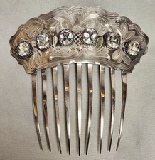 Victorian Etched Sterling Silver Hair Comb Bright Paste Crystal Jewels 4.5"