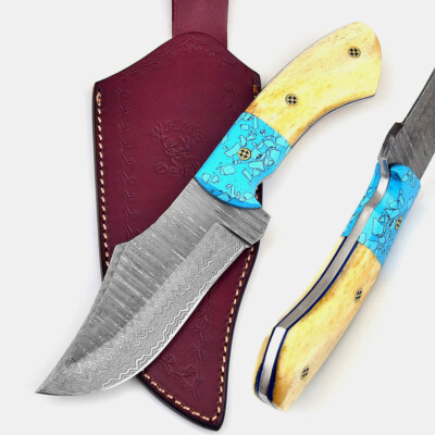 Bison Hunter Damascus Steel Knife w/Blue & White Camel Bone