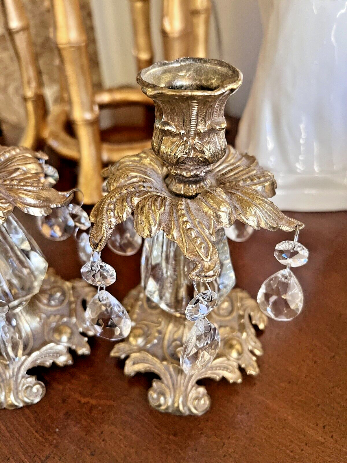 Vtg 2Pcs L&L WMO 1973 Regency MCM Ornate Brass Tone Candle Holders With Crystals