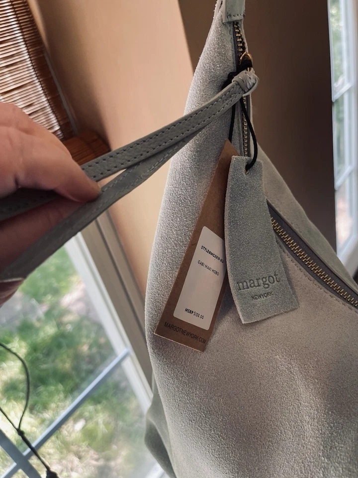 Margot New York 手袋皮革麂皮绒淡绿色 14 英寸 X13 英寸 Gabi Maxi 水饺包全新带标签 — 第 4/4 张图片