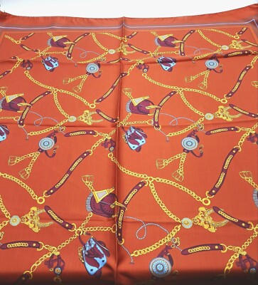 Burnt Orange Equestrian Design Silk Twill Square Scarf 35x35   Made In Italy