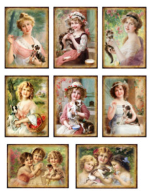 Vintage Image Grunge Victorian Girls Pets Tag Labels Waterslide Decals KID648