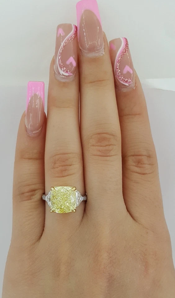 Natural Yellow Cushion Diamond 5.67 ct 3-Stone Engagement Ring GIA Rtl $120K - Image 3 of 4